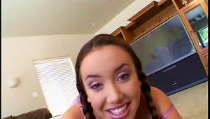Pigtails Cowgirl Giving Her Guy Blowjob In A Close Up Shoot