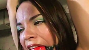 Gag Ball And Nipple Pinching For Brunette In Bdsm Vid