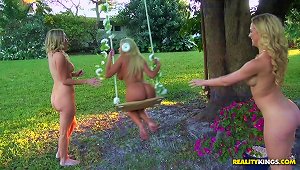 Three Blonde Cuties Lick Each Other's Cunts In The Garden
