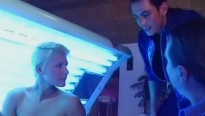 Busty Blonde Girlfriend Sucks And Fucks In A Solarium