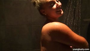 A Chubby Blonde With Monster Tits Takes A Hot Shower